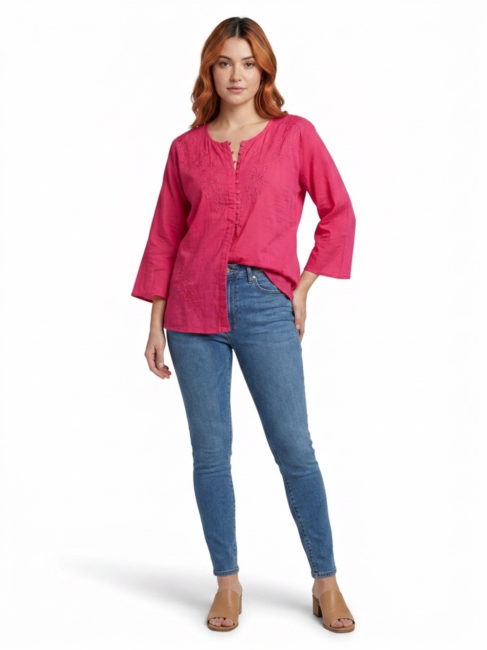 Max Mehra Collection Sz XL Fuchsia Embroidered Button Front Tunic Blouse Cotton